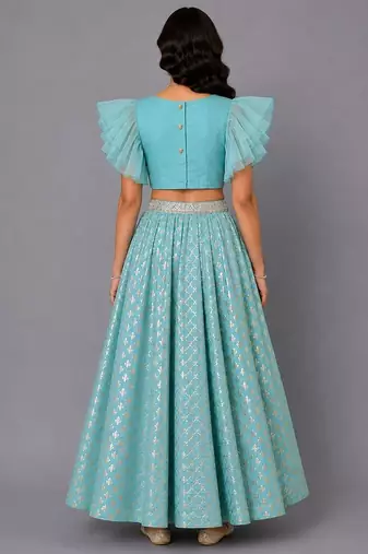 Blue Ruffled Blouse With Cotton Zari Lehenga Set