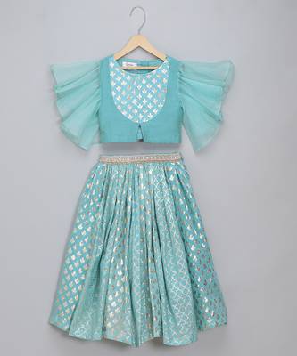 Blue Ruffled Blouse With Cotton Zari Lehenga Set 3