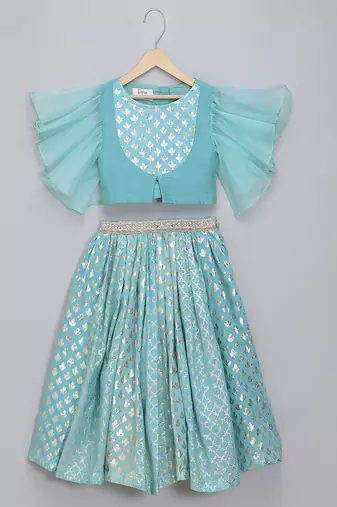 Blue Ruffled Blouse With Cotton Zari Lehenga Set