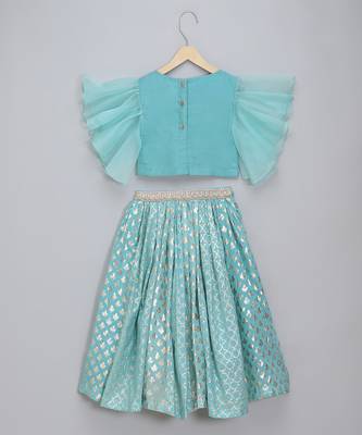 Blue Ruffled Blouse With Cotton Zari Lehenga Set 4