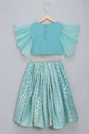 Blue Ruffled Blouse With Cotton Zari Lehenga Set