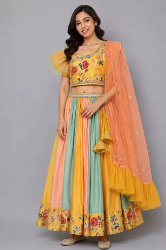 Multicolor Yellow Floral Printed Off Shoulder Lehenga Set