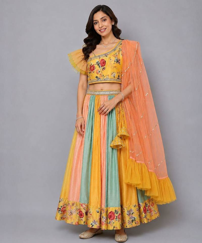 Multicolor Yellow Floral Printed Off Shoulder Lehenga Set