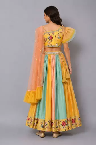 Multicolor Yellow Floral Printed Off Shoulder Lehenga Set