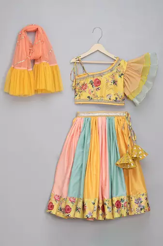 Multicolor Yellow Floral Printed Off Shoulder Lehenga Set
