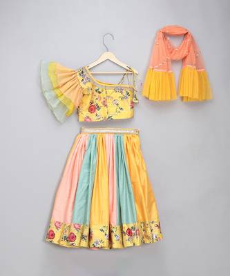 Multicolor Yellow Floral Printed Off Shoulder Lehenga Set 4