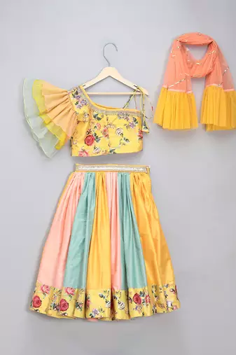 Multicolor Yellow Floral Printed Off Shoulder Lehenga Set