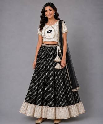 Black  Off White Embroidered Chanderi Lehenga Set 1