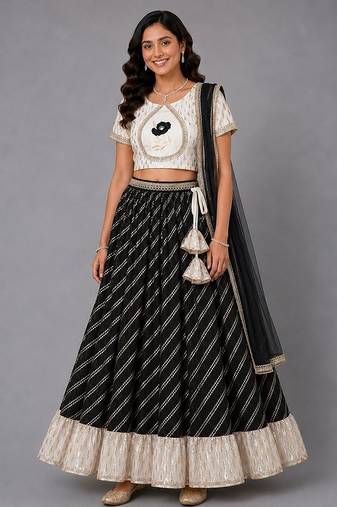 Black  Off White Embroidered Chanderi Lehenga Set