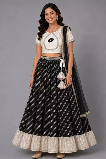 Black  Off White Embroidered Chanderi Lehenga Set