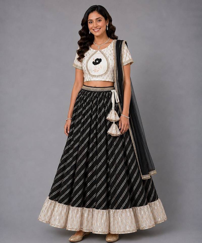 Black  Off White Embroidered Chanderi Lehenga Set