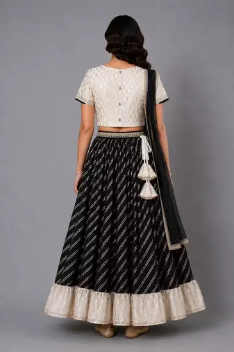 Black  Off White Embroidered Chanderi Lehenga Set