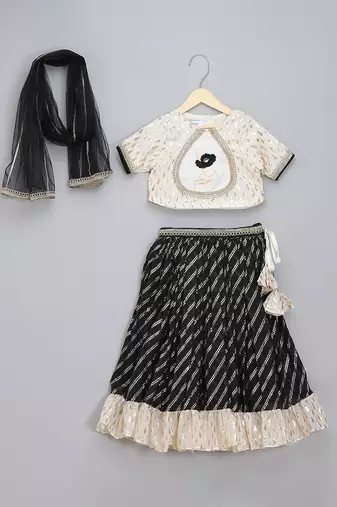 Black  Off White Embroidered Chanderi Lehenga Set