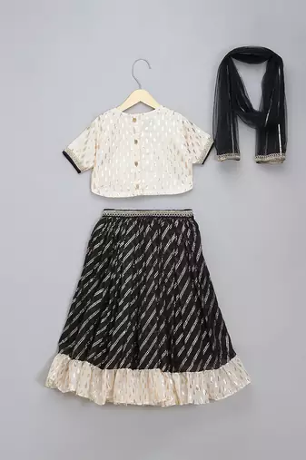 Black  Off White Embroidered Chanderi Lehenga Set