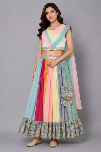Multicolor Printed Lehenga Set With Attached Dupatta