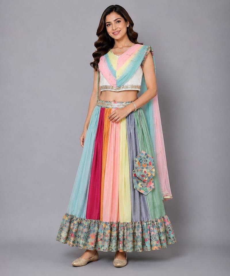Multicolor Printed Lehenga Set With Attached Dupatta