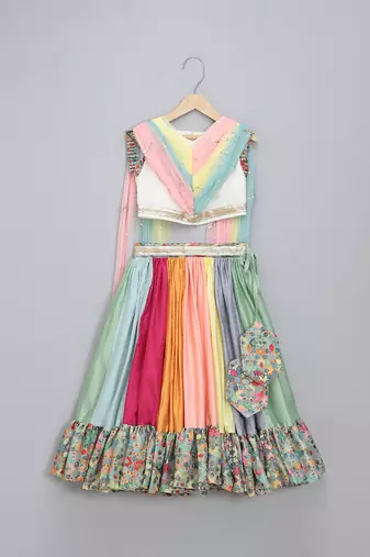 Multicolor Printed Lehenga Set With Attached Dupatta