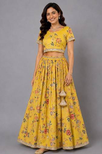 Yellow Floral Printed Lehenga Set
