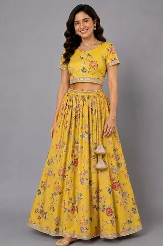 Yellow Floral Printed Lehenga Set