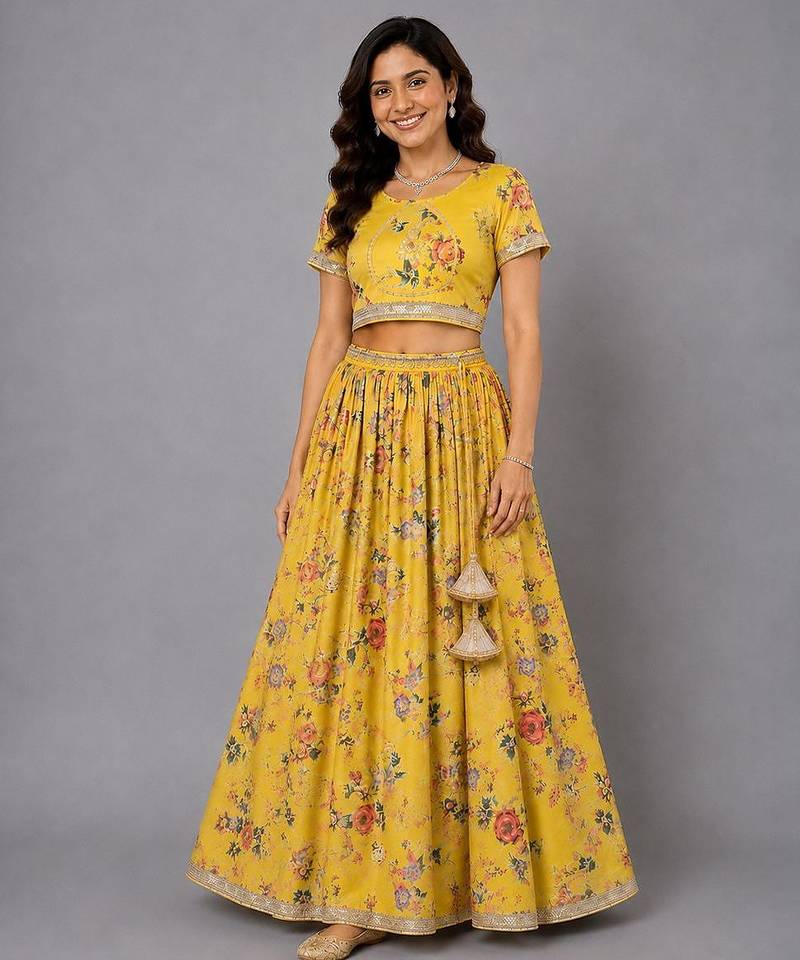 Yellow Floral Printed Lehenga Set