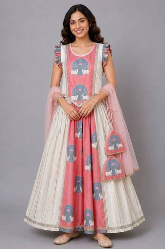 Off White Pink Printed Lehenga Set