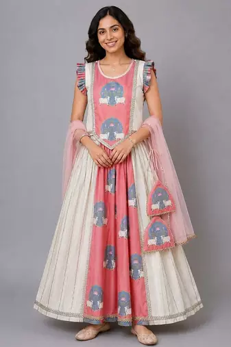 Off White Pink Printed Lehenga Set
