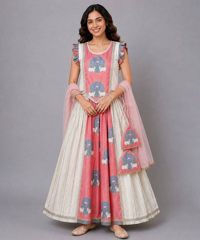Off White Pink Printed Lehenga Set