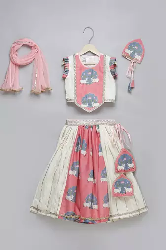 Off White Pink Printed Lehenga Set