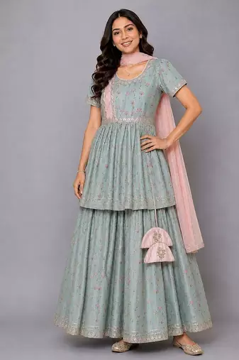 Green Pink Lotus Printed Lehenga Set