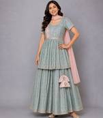 Green Pink Lotus Printed Lehenga Set
