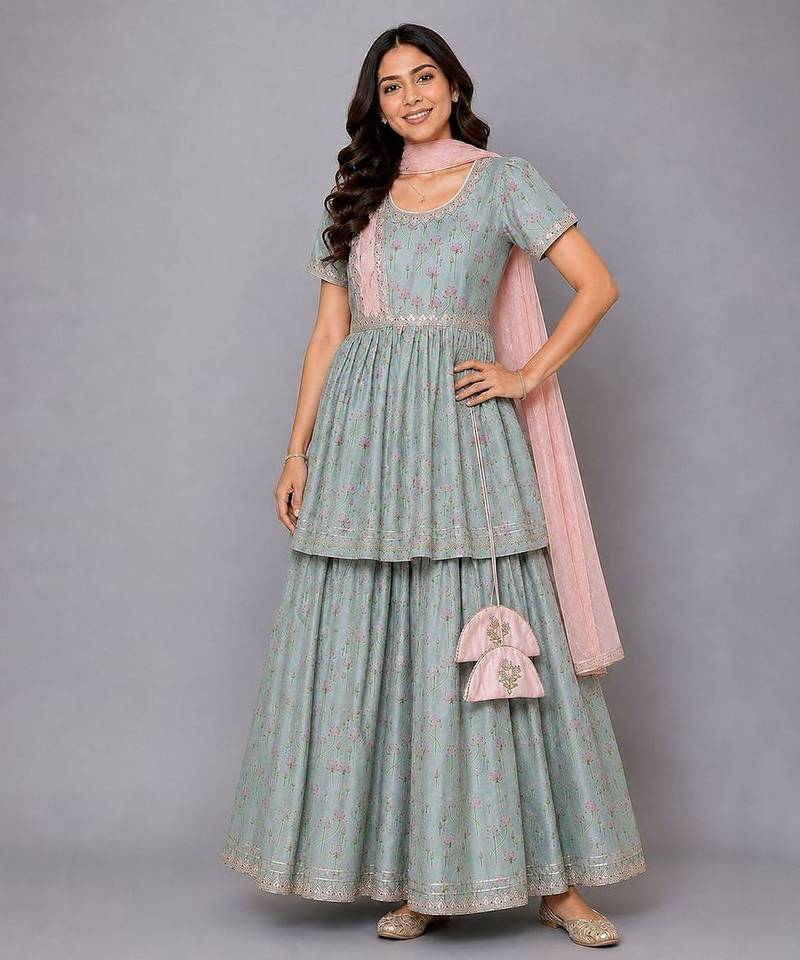 Green Pink Lotus Printed Lehenga Set
