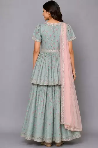 Green Pink Lotus Printed Lehenga Set