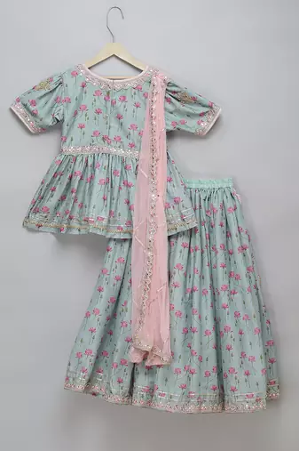 Green Pink Lotus Printed Lehenga Set