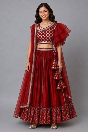 Maroon Chanderi Off Shoulder Lehenga Set