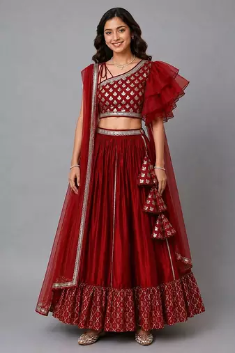 Maroon Chanderi Off Shoulder Lehenga Set
