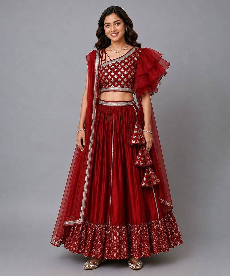 Maroon Chanderi Off Shoulder Lehenga Set