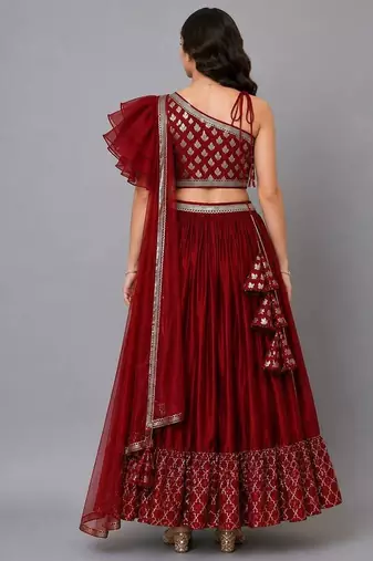 Maroon Chanderi Off Shoulder Lehenga Set