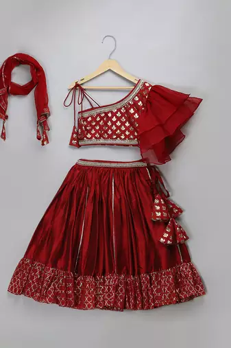 Maroon Chanderi Off Shoulder Lehenga Set