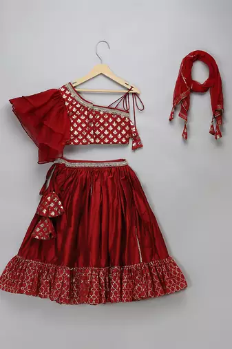 Maroon Chanderi Off Shoulder Lehenga Set