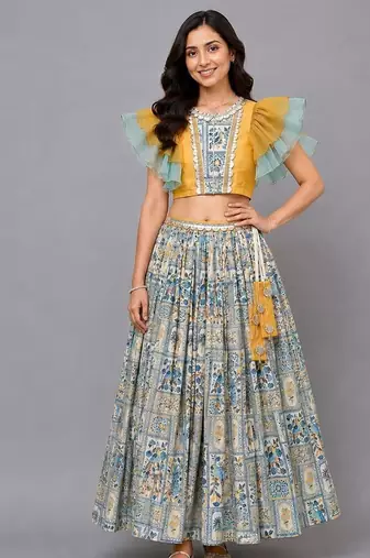 Blue Orange Parrot Printed Lehenga Set