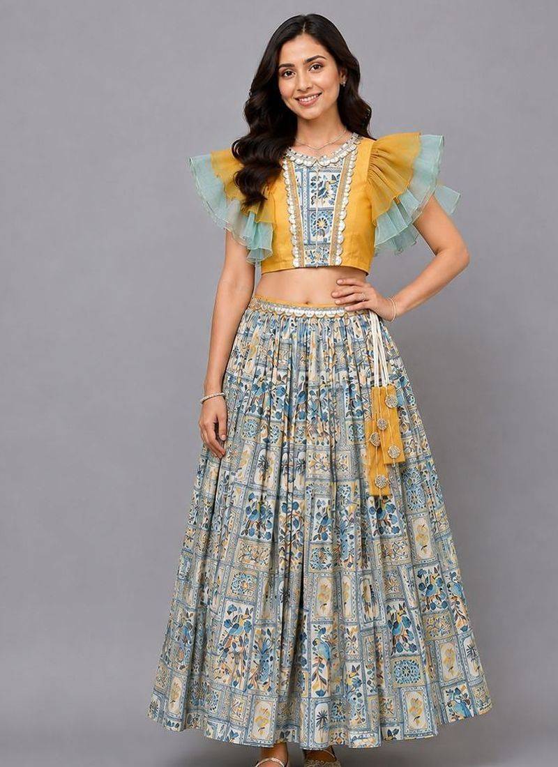 Blue Orange Parrot Printed Lehenga Set