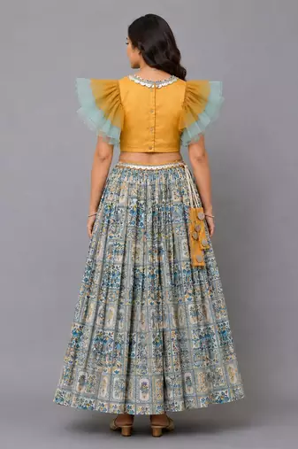Blue Orange Parrot Printed Lehenga Set