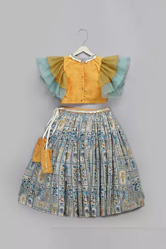 Blue Orange Parrot Printed Lehenga Set