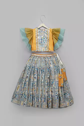 Blue Orange Parrot Printed Lehenga Set
