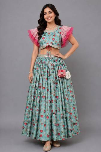 Green Pink Bees Printed Lehenga Set