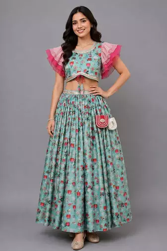 Green Pink Bees Printed Lehenga Set