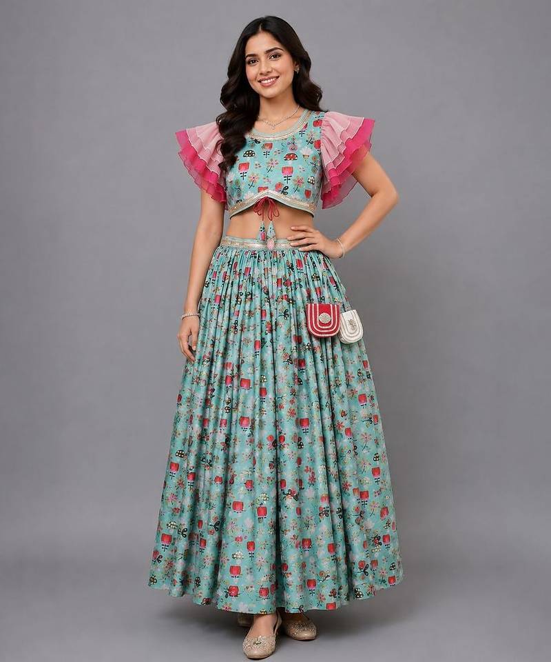 Green Pink Bees Printed Lehenga Set