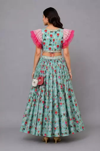 Green Pink Bees Printed Lehenga Set