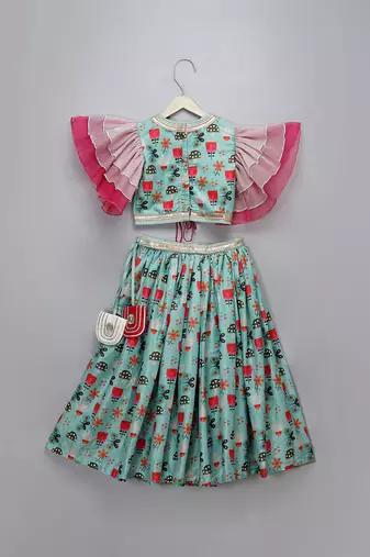 Green Pink Bees Printed Lehenga Set