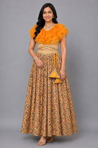 Beige Orange Frill Printed Lehenga Set